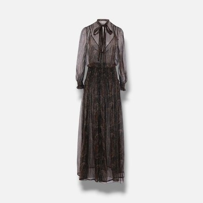 Saint Laurent Women Black Gold Semi-Sheer Paisley Tie-Neck Silk Gown Dress Sz 38