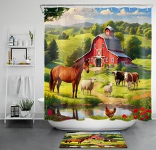 Woodland Farm Animal Cow Rustic Barn Shower Curtain Set for Bathroom Decor