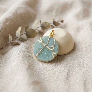 Authentic Aquamarine Kintsugi Necklace Japanese Art Handmade Jewelry Gold Plated Chain