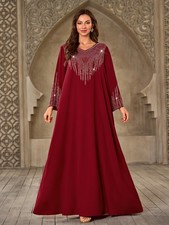 New Eid Women Rhinestone Maxi Dresses Fashion V-Neck Kaftan Loose Casual Clothes