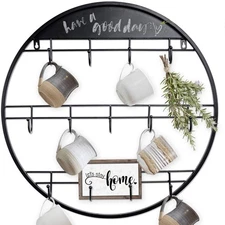 Coffee Bar Decor Mug Holder: 22" Round Square Coffee Cup Rack for Home Kitche...