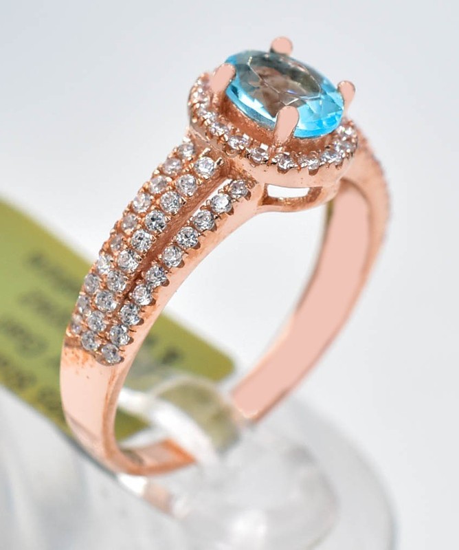 GENUINE 1.23 Cts BLUE TOPAZ &  WHITE SAPPHIRE RING 14k ROSE GOLD PLATED (.925)