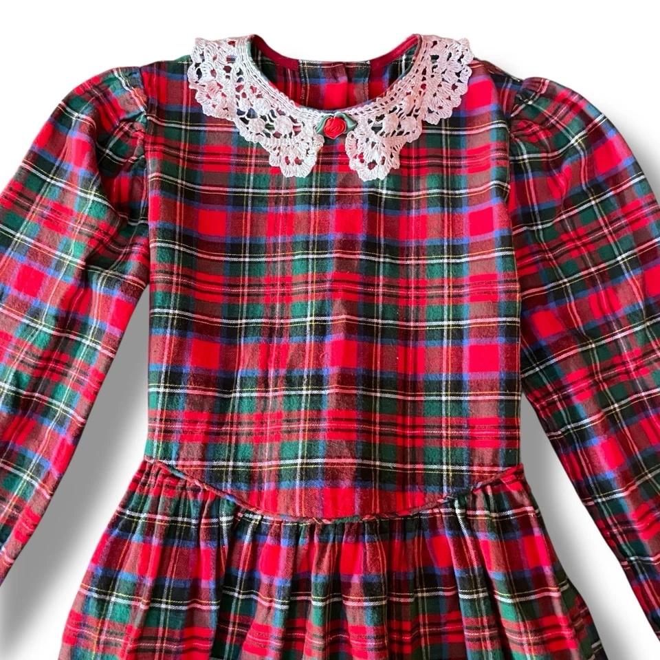 Vestido Vintage Años 90 Therese Niñas Talla 14 Rojo Franela a Cuadros Midi Vacaciones Navidad Foto 3 de 4