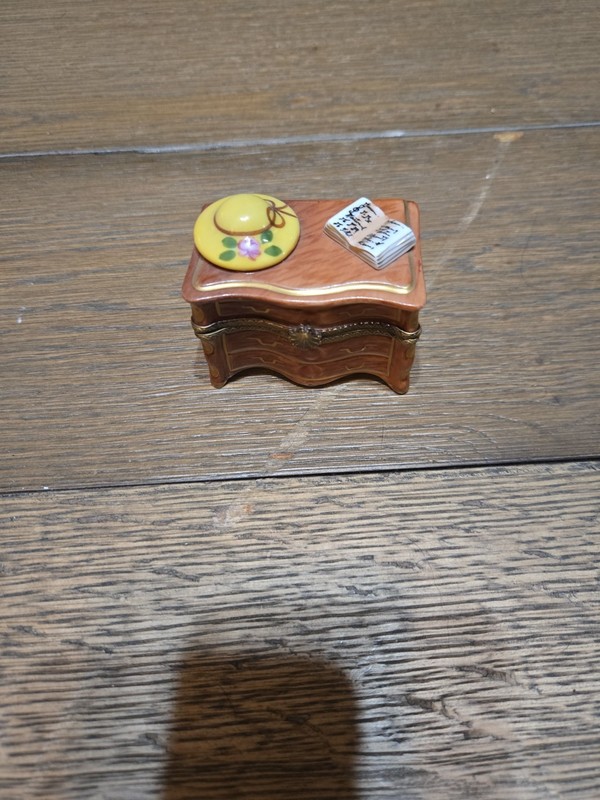 Tiny French Pill Box with Yellow Hat and Music Book. Vintage