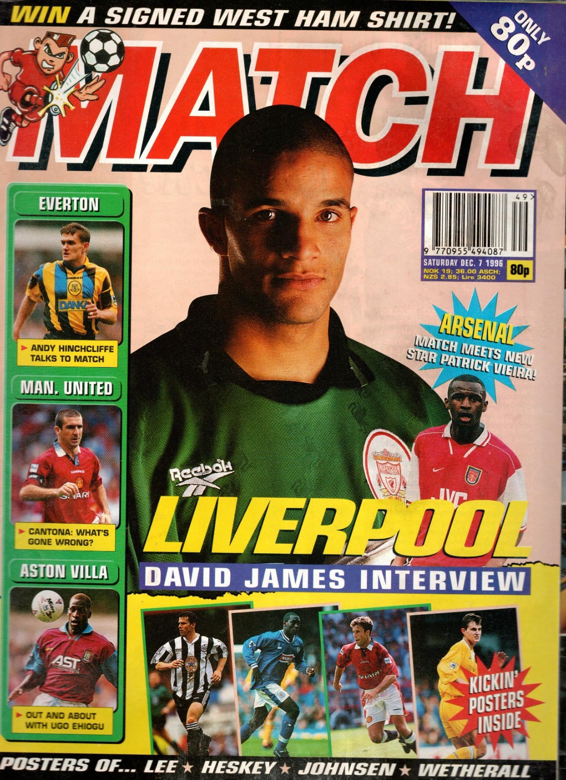 MATCH Football Magazine – 7 Dec 1996 – David James, Eric Cantona, Ugo Ehiogu