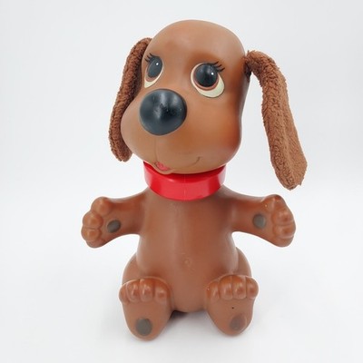 1982 Ideal Rub A Dub Doggie Brown Puppy Bath Toy Swivel Head Red Collar