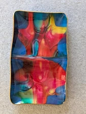 MCM Vintage SEETUSEE GLASSWARE by Mayfair Art Glass 2 Sided Dish Leather Backed