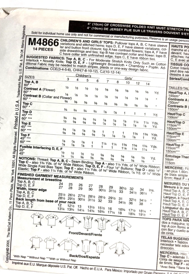 Girl's Shirt Top Tee Sewing Pattern  McCall's 4866  Size 3 4 5 6 Uncut NEW - Image 2 of 2