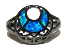 GUNMETAL BLACK BLUE CRESCENT MOON RING goth occult mystic eye faux fire opal T3