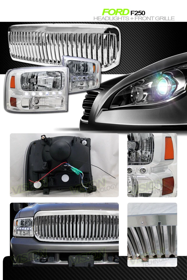 Faros LED cromados señal estacionamiento Amb 1 pieza Ks + rejilla vertical para 99-04 F250 Foto 2 de 2