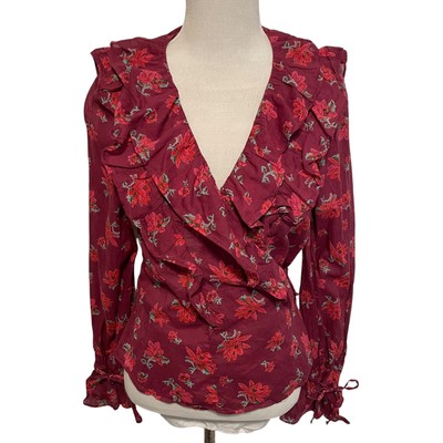 Free People NEW Amanda Blouse Womens Medium Pink Floral Ruffled Prairie Wrap Top