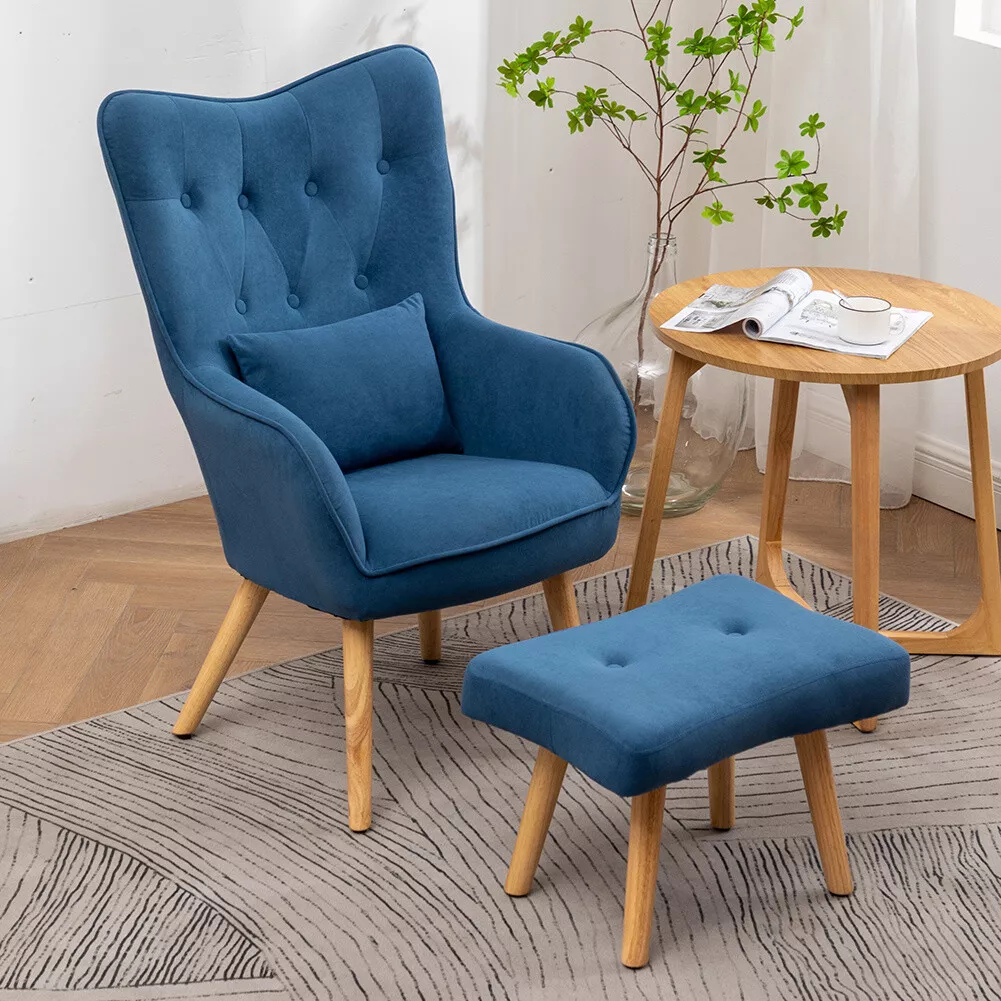 Velvet Occasional Chair with Stool Accent Armchair Wing Back Sofa