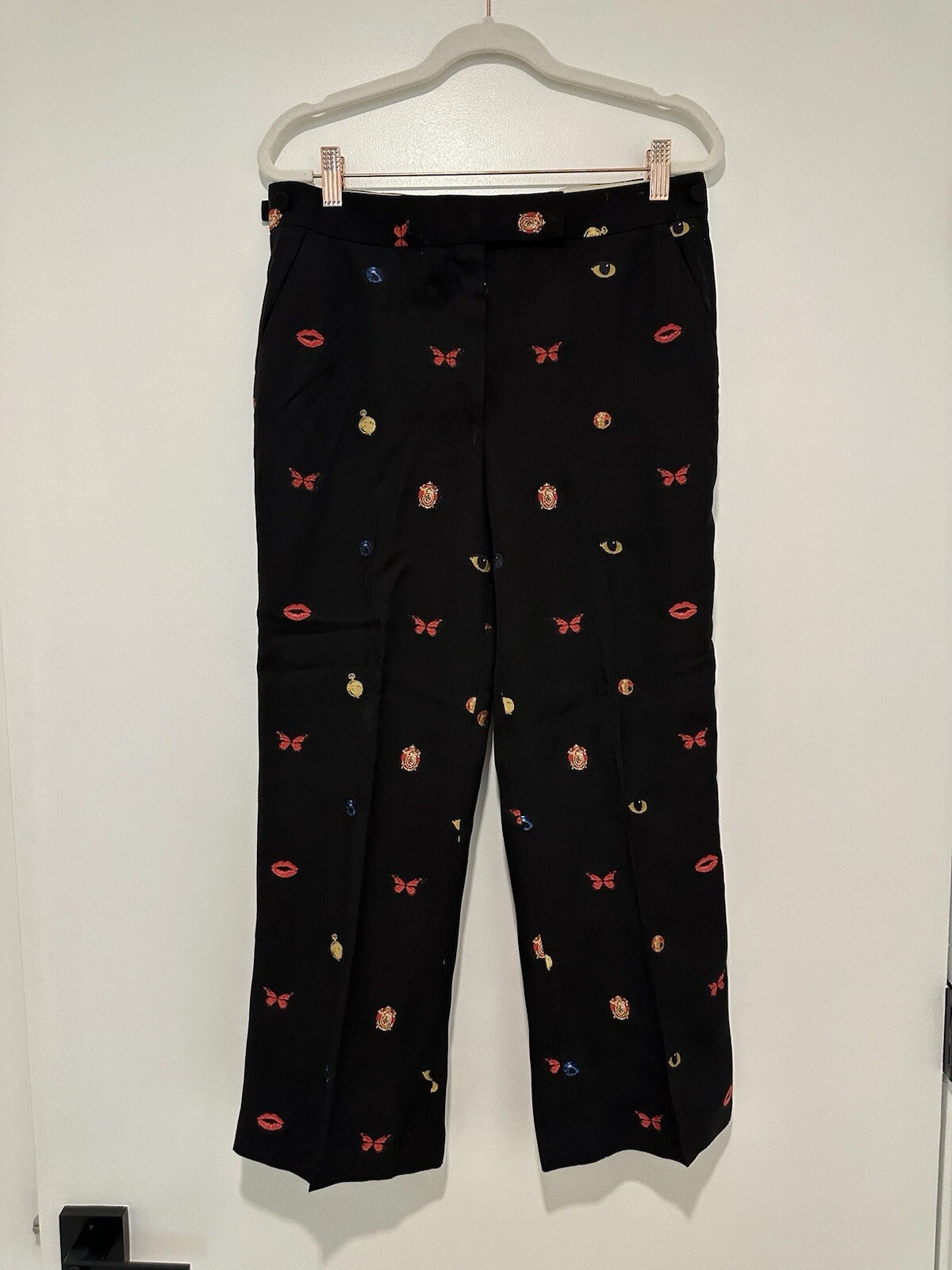 Alexander McQueen pantaloni donna neri farfalla gamba larga taglia 44 US 8 Medium