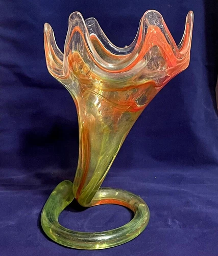 Vintage Murano Style Hand Blown Orange 10” Fluted Trumpet Swirl Art Glass Vase