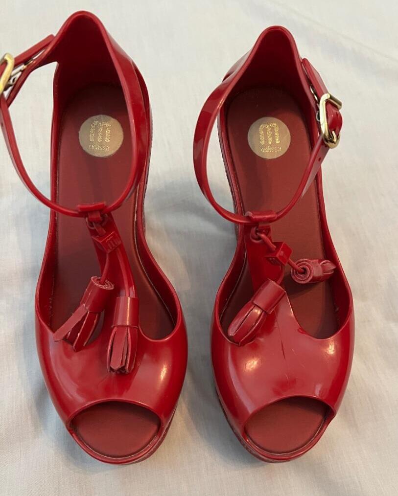 Melissa::サンダル:25 1/2[RESALE] MELISSA Peace II sz 5 red wedge platform jelly peep toe