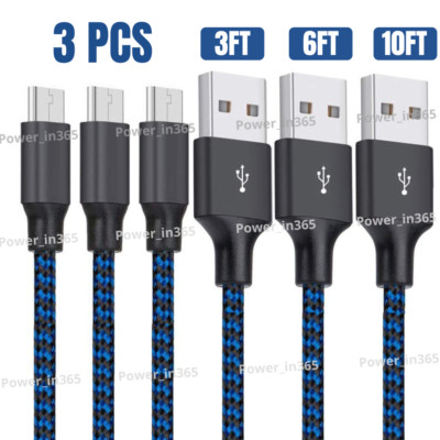 3 Pack Braided Micro USB Charger Cable For Android Samsung Google Charging Cord