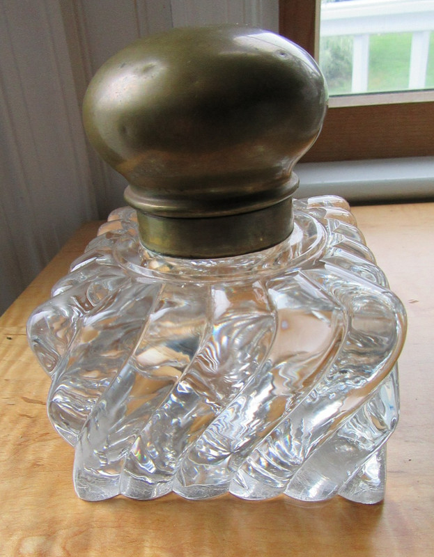 ANTIQUE CRYSTAL BRASS LID INKWELL BACCARAT ? LARGE SWIRL BAMBOO