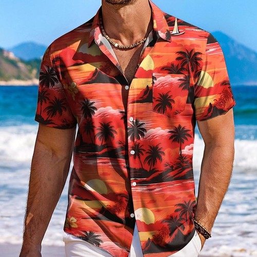 Red Sunset Palm Tree Hawaiian Shirt: Tropical Beach Evening Button Down Top - Picture 3 of 4