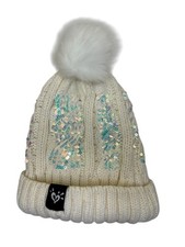 Cozy White Sequin Knit Beanie with Faux Fur Pom  Fleece Lining   Winter Hat