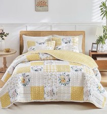 3pc Floral Patchwork Quilt Set Queen - Yellow White Reversible Bedspread Shams