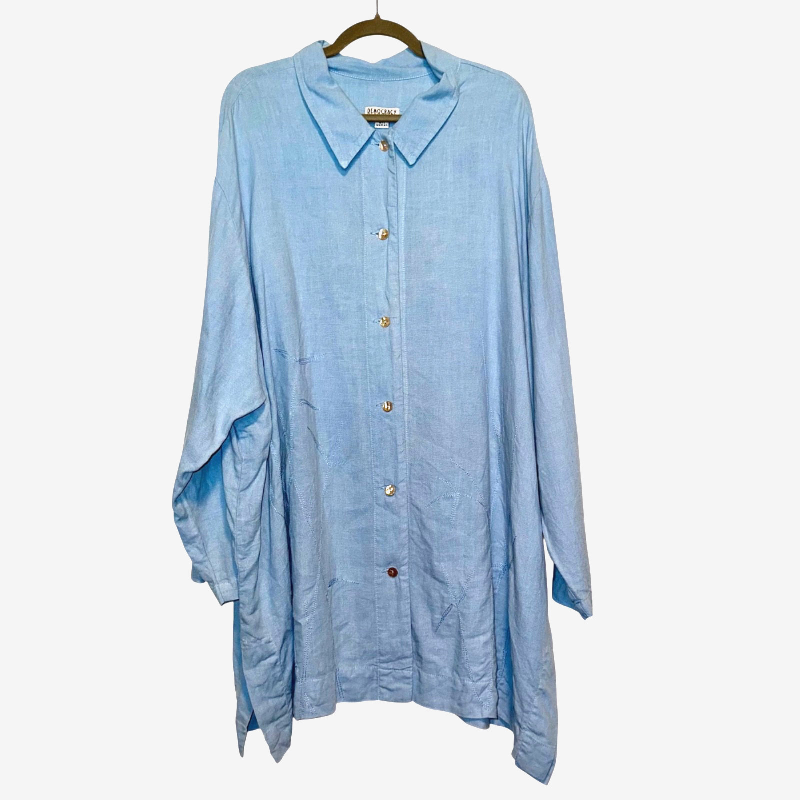 Democracy Blue Linen Button Front Blouse Embroidery Plus Size 3X Lagenlook