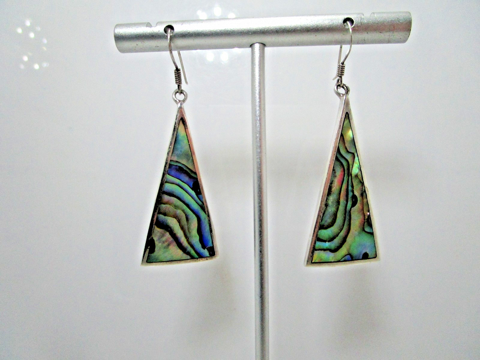 Vintage Abalone Iridescent Triangle Sterling Wire… - image 1