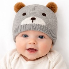 OshKosh B'gosh Baby Bear Beanie Hat Grey Brown Pom Pom Ears NWOT 12-24 Months