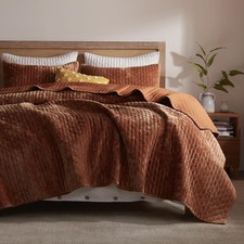 Velvet Quilt Set Full/Queen Size 90''x98'', Lightweight Burnt Orange Velvet C...