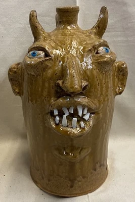MARVIN BAILEY Southern Primitive Folk Art Pottery Drip Glaze Devil Face Jug! - Image 1 of 4