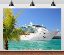 7x5ft Fabric Cruise Ship Backdrop, Tropical Ocean Port, Palm Tree, Party, Props