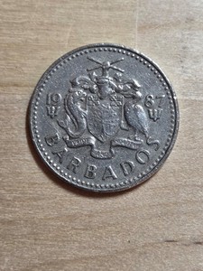 Barbados 25-cents coin, 1987. KM# 13, copper-nickel. Windmill. Coat of arms.