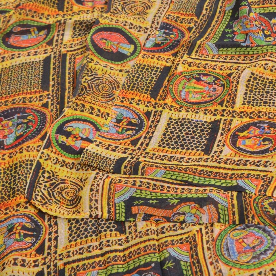 Sanskriti Vintage Digital Print Pure Georgette Silk Saree Yellow Sari ...