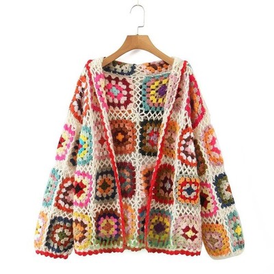 Crochet Granny Square Handmade Cardigan Knit Short Rainbow Hooded Cardigan