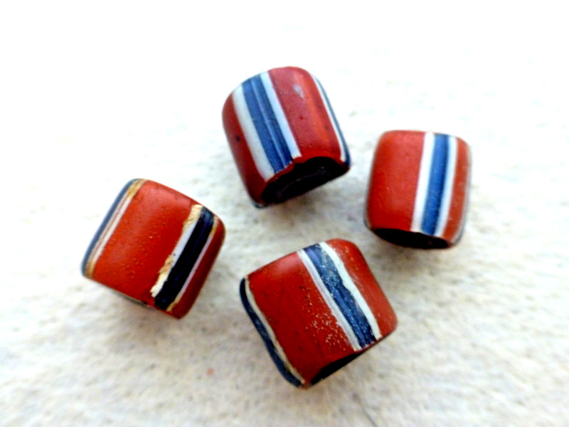ANTIQUE RARE 4  PCS  BRICK RED  CHEVRON GLASS TRADE BEADS W/WHITE & BLUE STRIPES