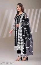 Women Black Embroidered Kurta Pant Dupatta Set Indian Ethnic Wear XXS-XXL
