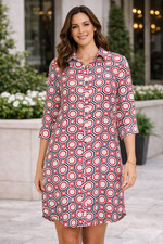 Rosie Pope Black White Red Geometric 100% Silk Shirt Dress 3/4 Sleeve Size S