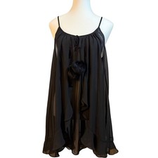 Oscar de la Renta Nightgown Women Medium Black Sheer Fur Pom Babydoll 682239