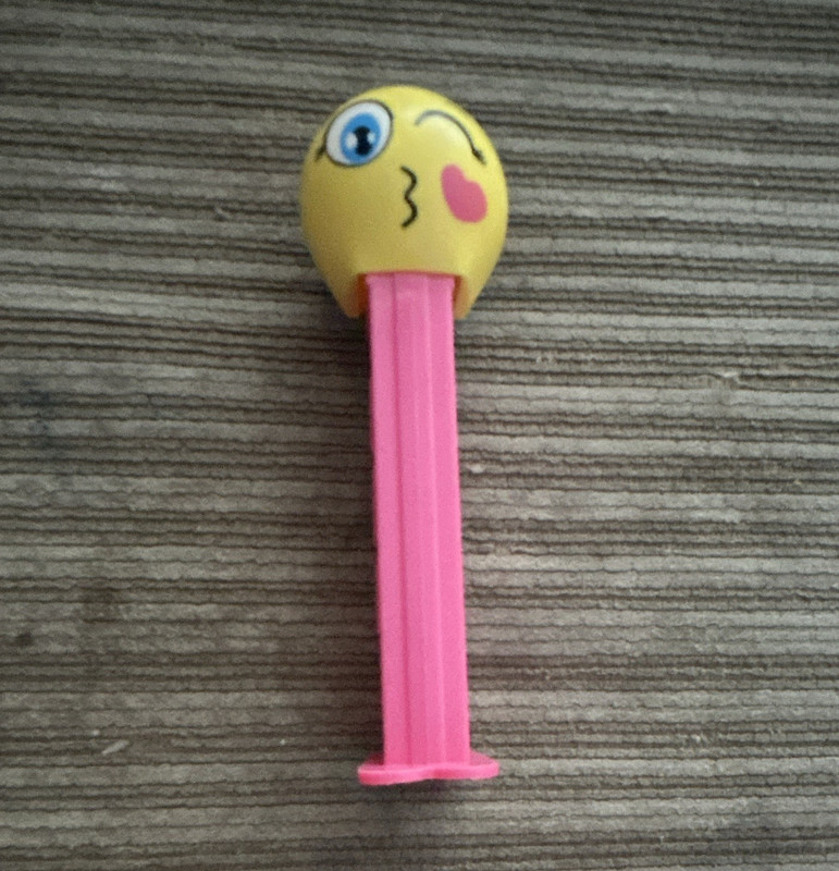 PEZ Emoji Winking Kiss Face Candy Dispenser, Yellow Head, Pink Stem