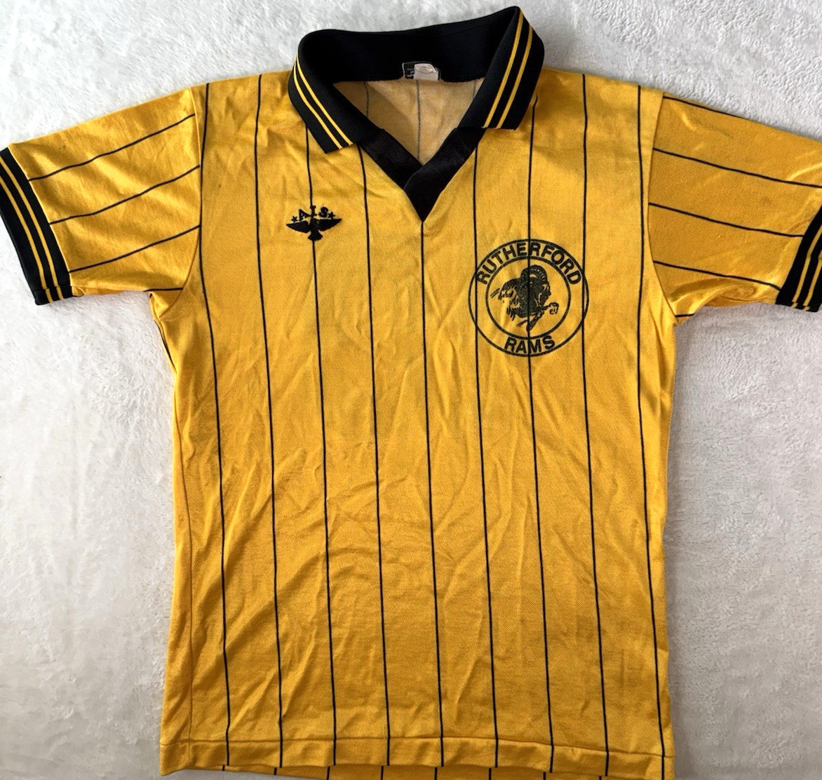 Vintage 70's era Rutherford Rams Soccer Jersey #10 Yellow/Black Stripe Sz Small