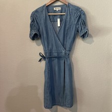 Madewell MEDIUM-WASH BLUE Shirred-Sleeve Wrap Dress in Elsworth Wash Size XXS