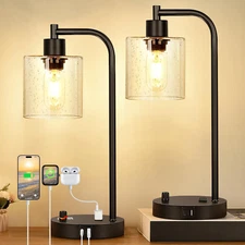 Set of 2 Industrial Table Lamps with 2 USB Port, Fully Stepless Dimmable Beds...