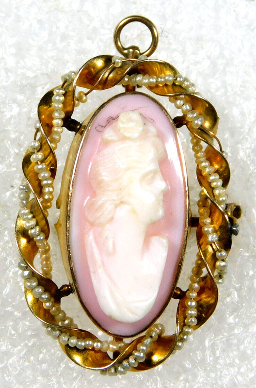 ANTIQUE 14K GOLD Pearls Hard Shell CAMEO HANDMADE PORTRAIT PENDANT Estate