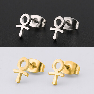 Men Women Key of Life Ankh Cross Stud Earrings Egyptian Jewelry Surgical Steel