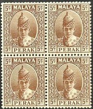Malaya Perak 1939 Sultan 5¢ Block of 4 Unmounted Mint