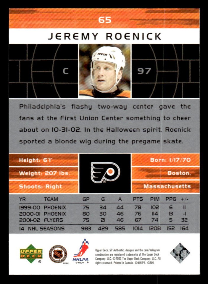 Jeremy Roenick Philadelphia Flyers 2002-03 SP Authentic #65 | eBay
