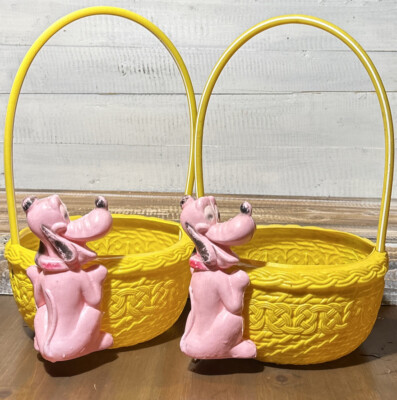Set of 2 Vintage Disney Pluto Blow Mold Plastic Easter Baskets Yellow & Pink