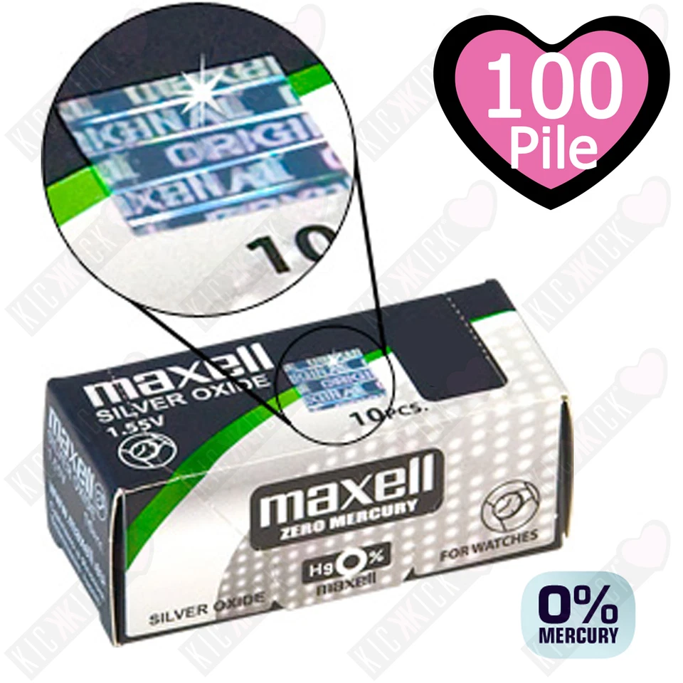 100 Pile Maxell Free Mercury 377 Ossido D'argento Batteria Bottone SR626SW 1.55V