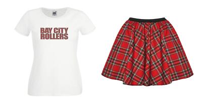 Ladies 1970s Bay City Rollers T-Shirt Red Tartan Skirt Rock Pop Fancy  Dress UK