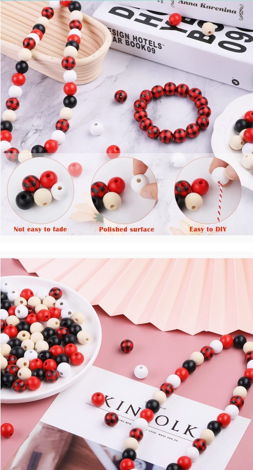 New! 240 Wood Beads String Buffalo Plaid Craft Kit Garlands Tags Christmas Gift