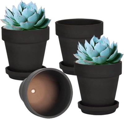 6 Inch Black Terracotta & Clay Pots for Plant with Saucer - 4 Pack Medium Terra 